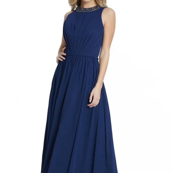 leena for Mac Duggal Midnight Blue Embellished High Neck Pleated Gown